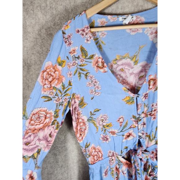 BILLABONG Sky Blue Floral Bell Sleeve Tie Front Romper SZ M - Picture 4 of 9